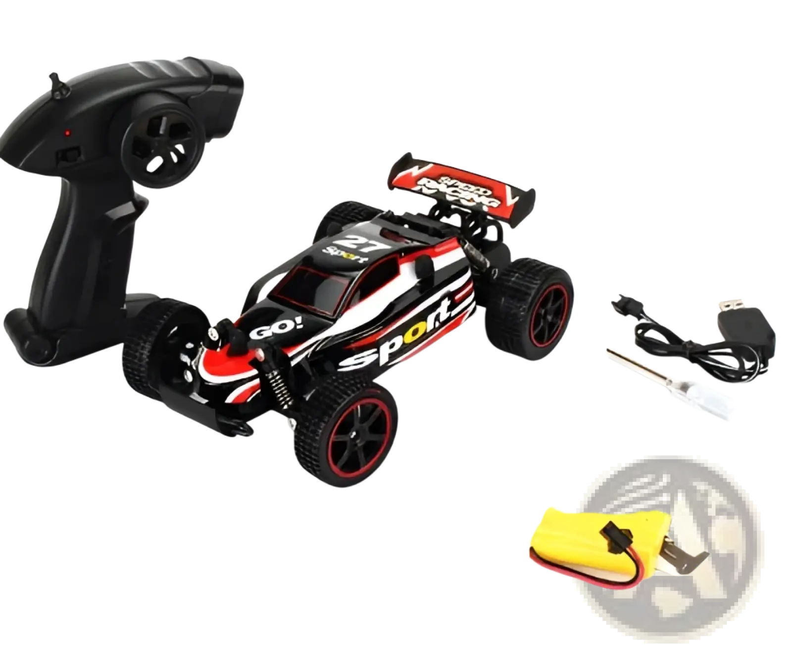 Black and red rc drift car mad phantom off-road buggy with white racing stripes and go sport branding on side