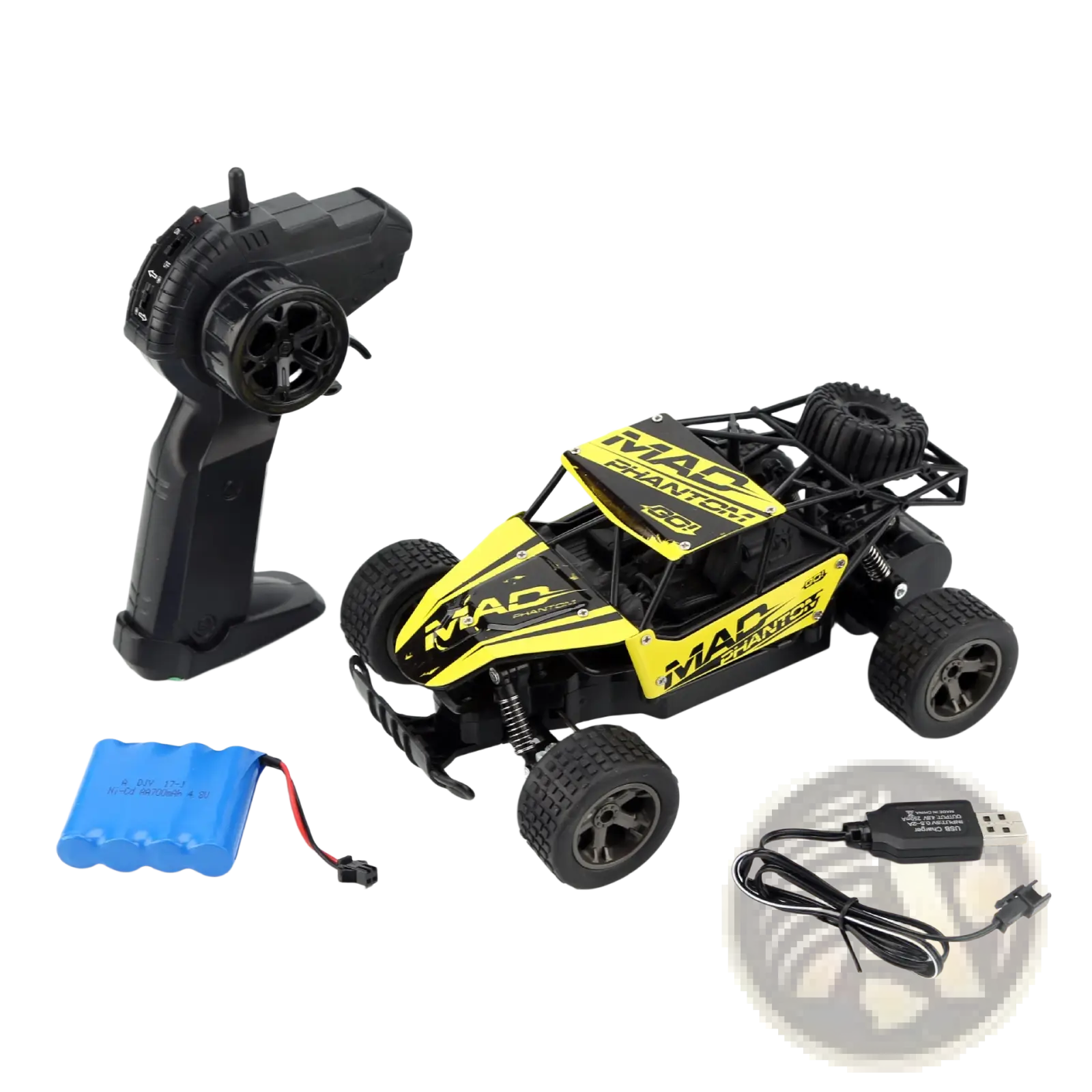 Yellow and black mad phantom rc drift car off-road buggy with rugged tires and detailed chassis for 2.4g control