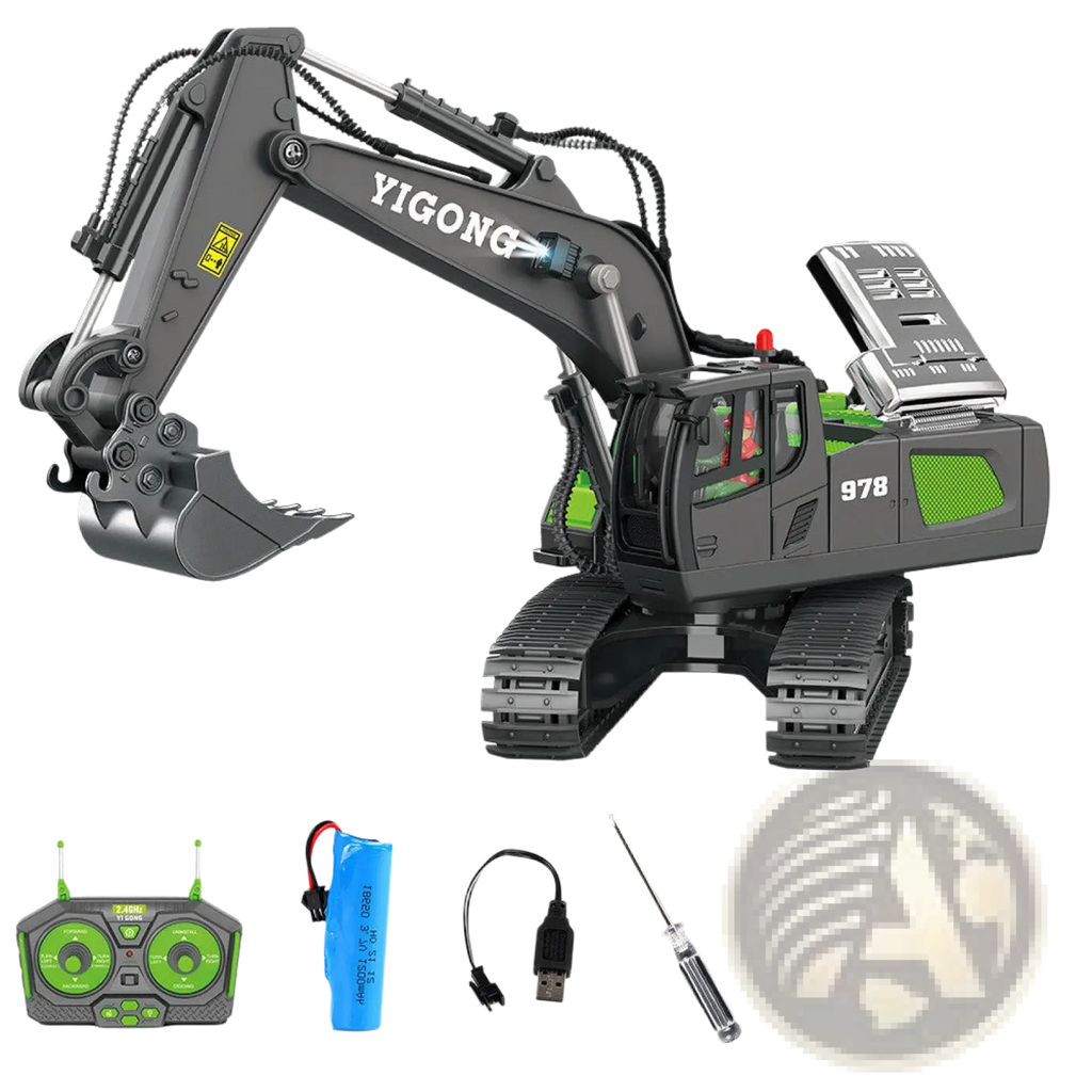 Rc excavator alloy remote control construction toy in black and green with detailed metal-like finish