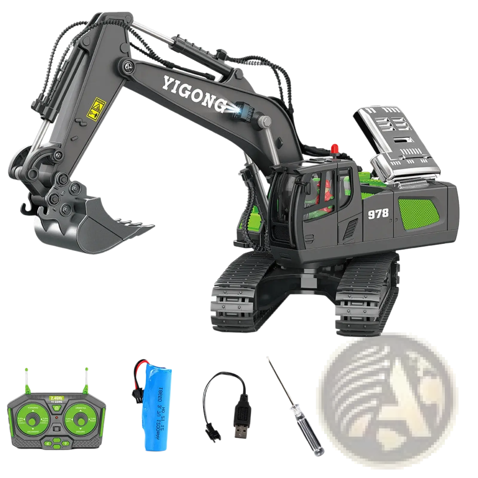 Rc excavator alloy remote control construction toy in black and green with detailed metal-like finish
