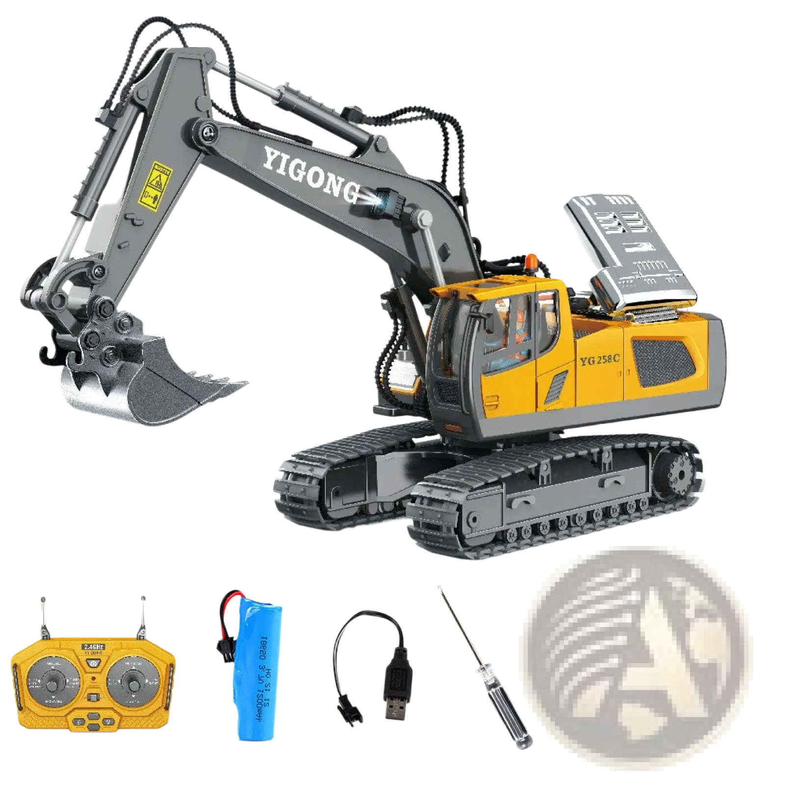 Yellow and gray rc excavator alloy remote control construction toy with detailed metal-like finish model