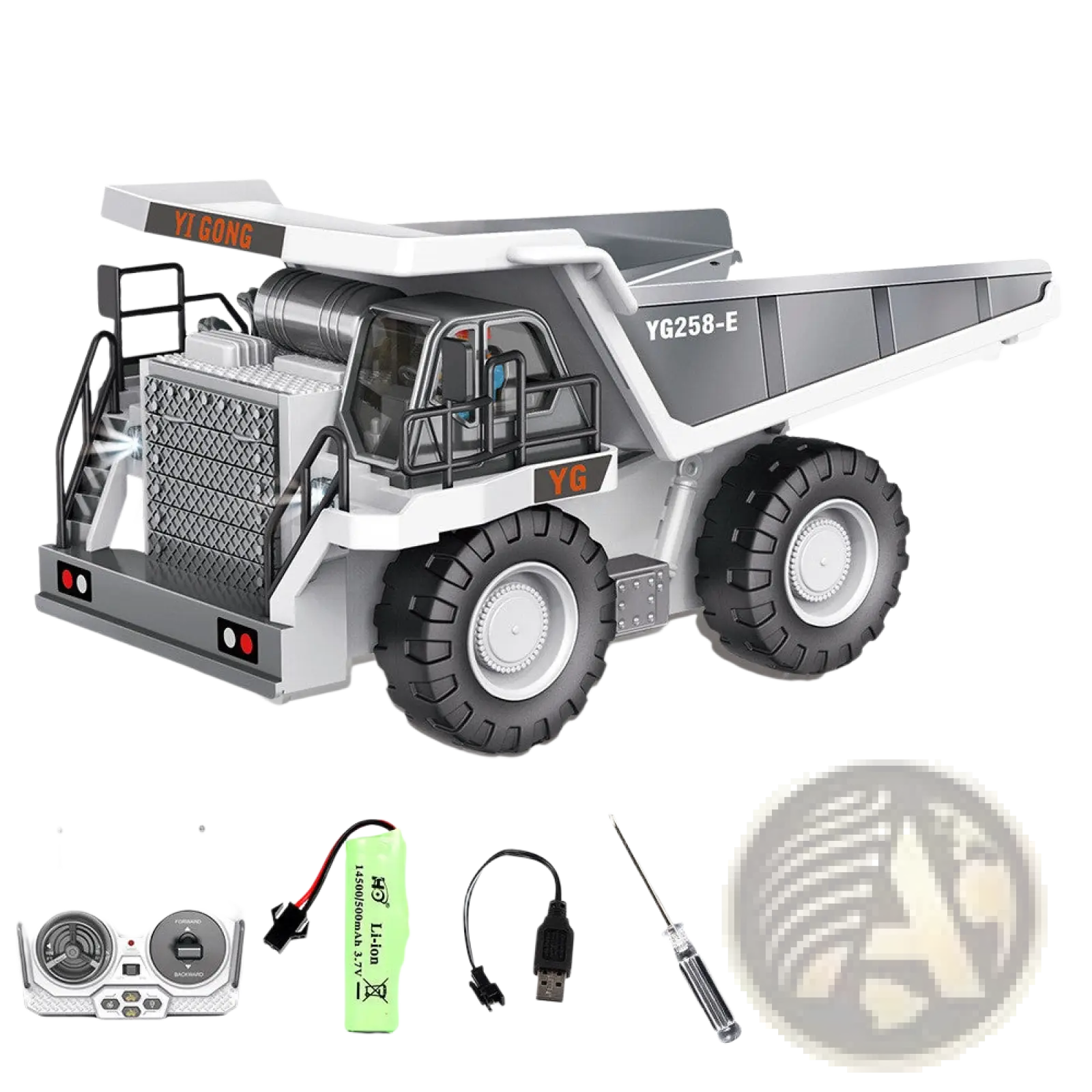 White and gray alloy remote control dump truck with yi gong branding and detailed cabin windows for construction play