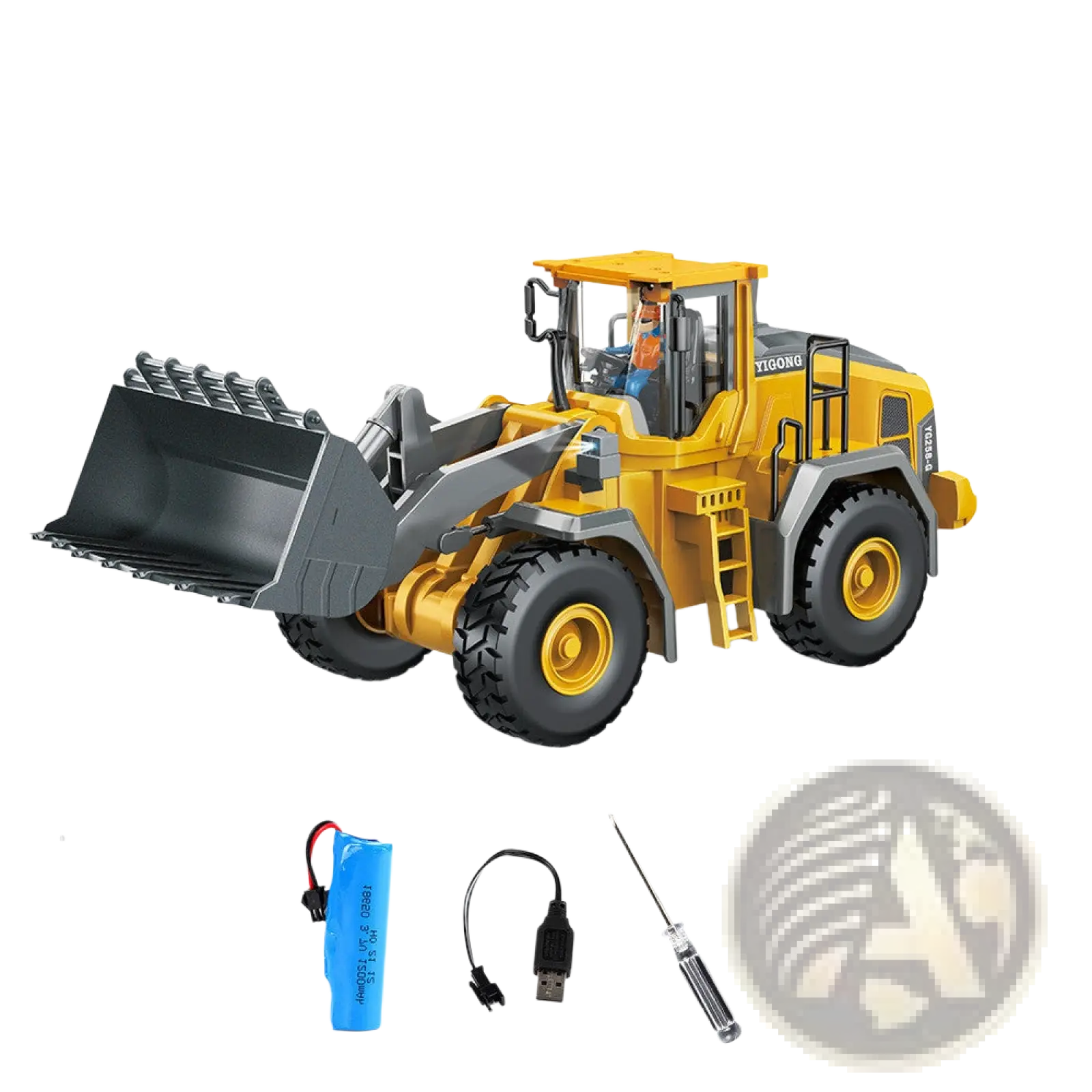 Rc excavator alloy remote control construction toy in yellow and gray with black tires and articulated front loader bucket