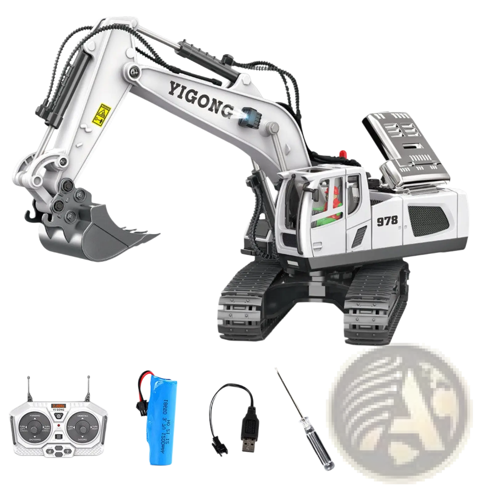 White and gray yigong 978 rc excavator alloy remote control construction toy with detailed articulated arms tracks and cockpit