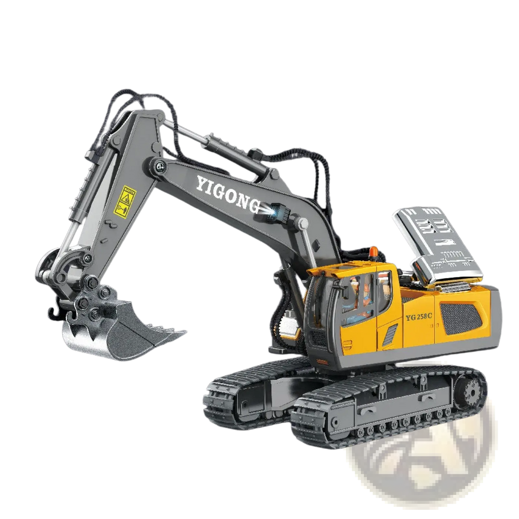 Yellow and gray Yigong YG258C alloy remote-controlled excavator toy with detailed metal tracks and articulated arm