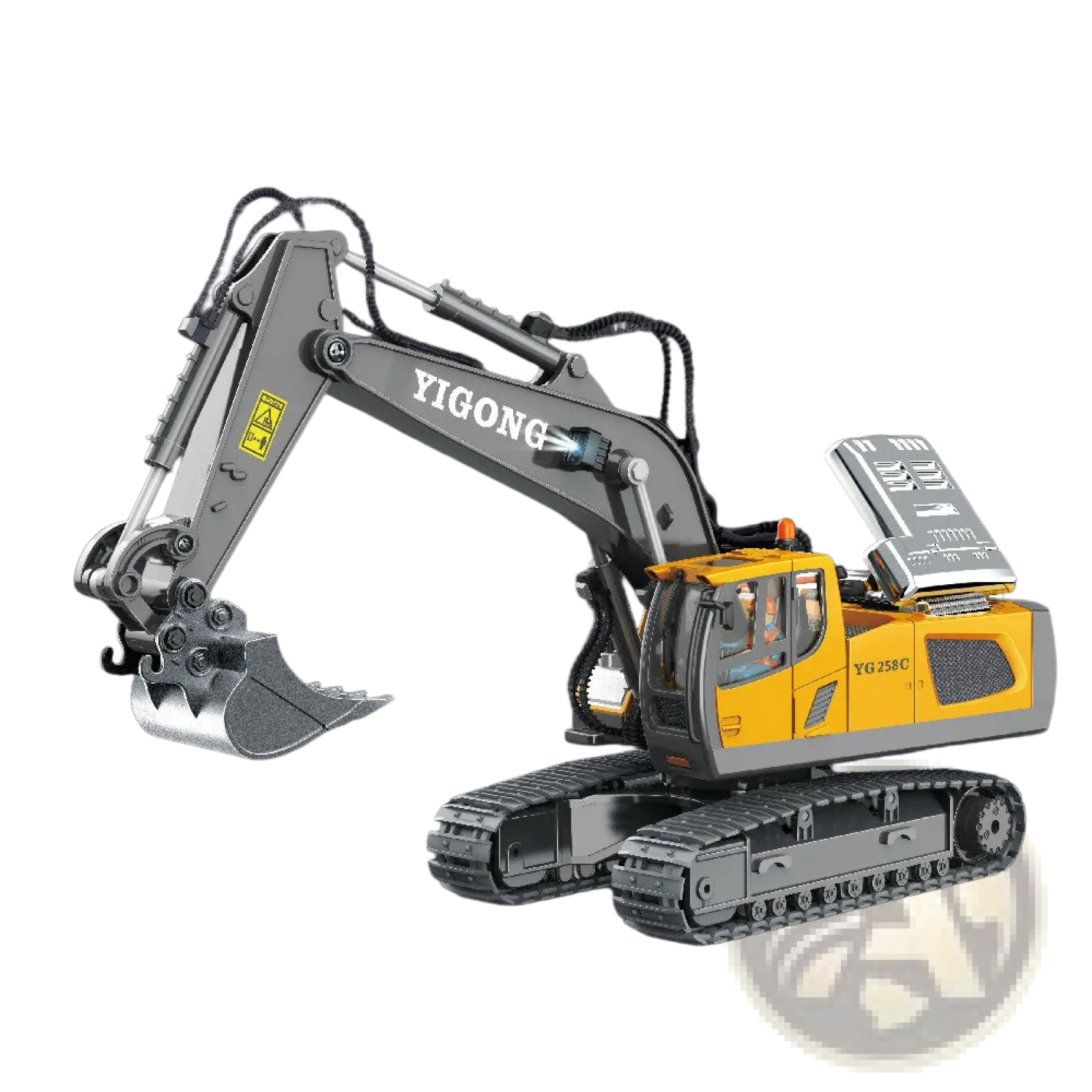 Yellow and gray Yigong YG258C alloy remote-controlled excavator toy with detailed metal tracks and articulated arm