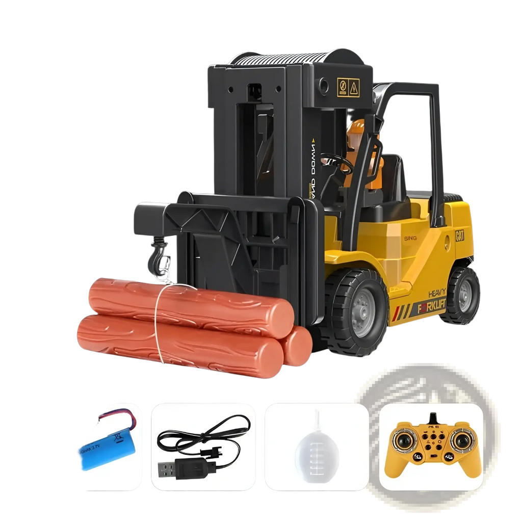 Yellow and black alloy remote control forklift toy carrying orange logs for construction play use