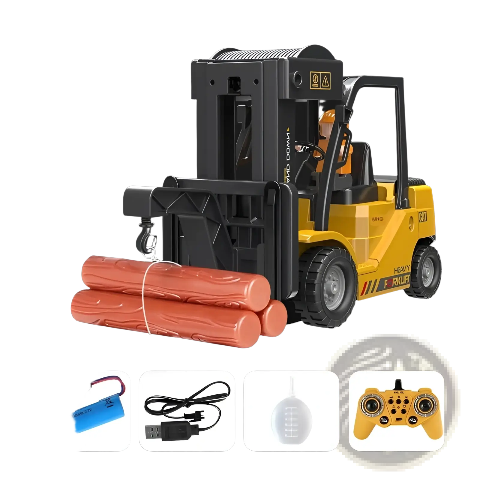 Yellow and black alloy remote control forklift toy carrying orange logs for construction play use