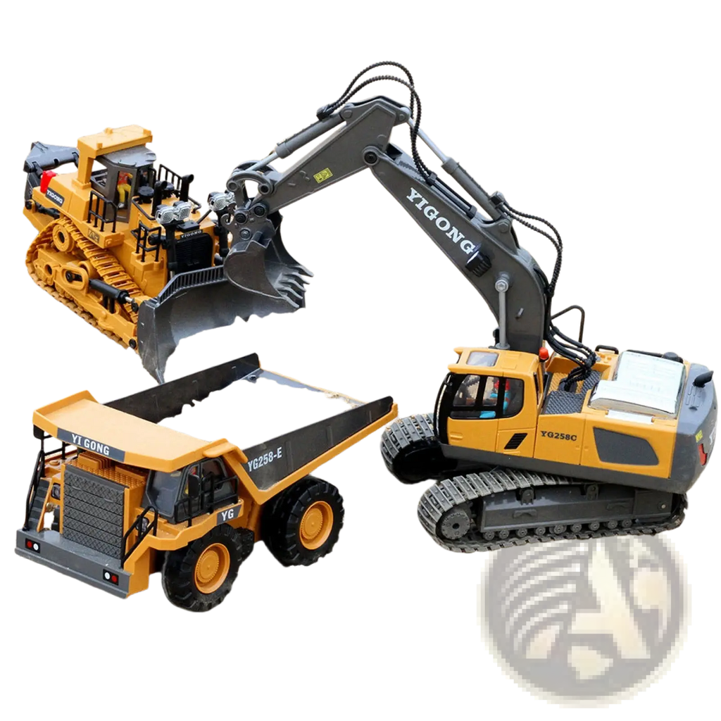 Yellow and black yigong alloy rc excavator with articulated arm and tracked undercarriage construction toy