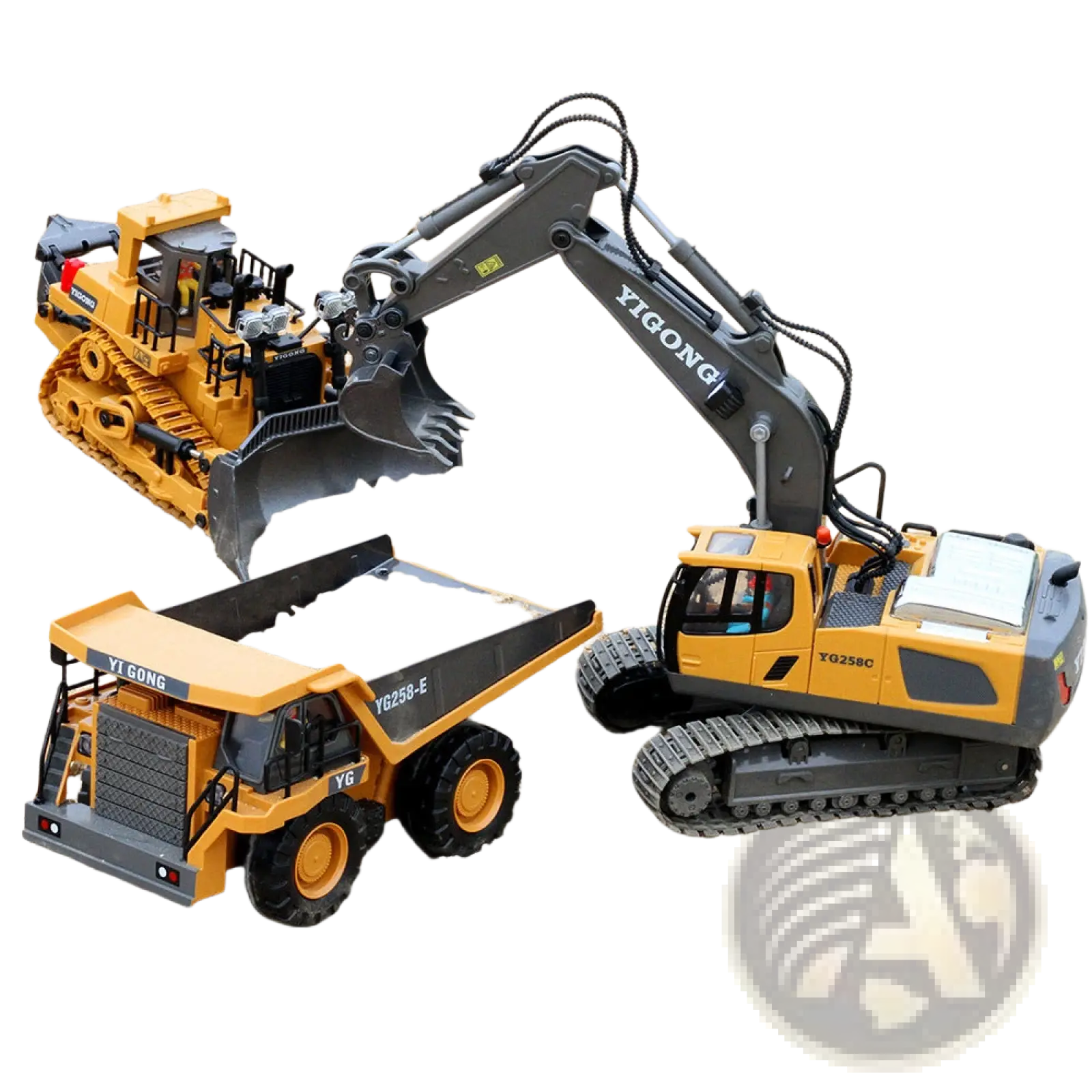 Yellow and black yigong alloy rc excavator with articulated arm and tracked undercarriage construction toy