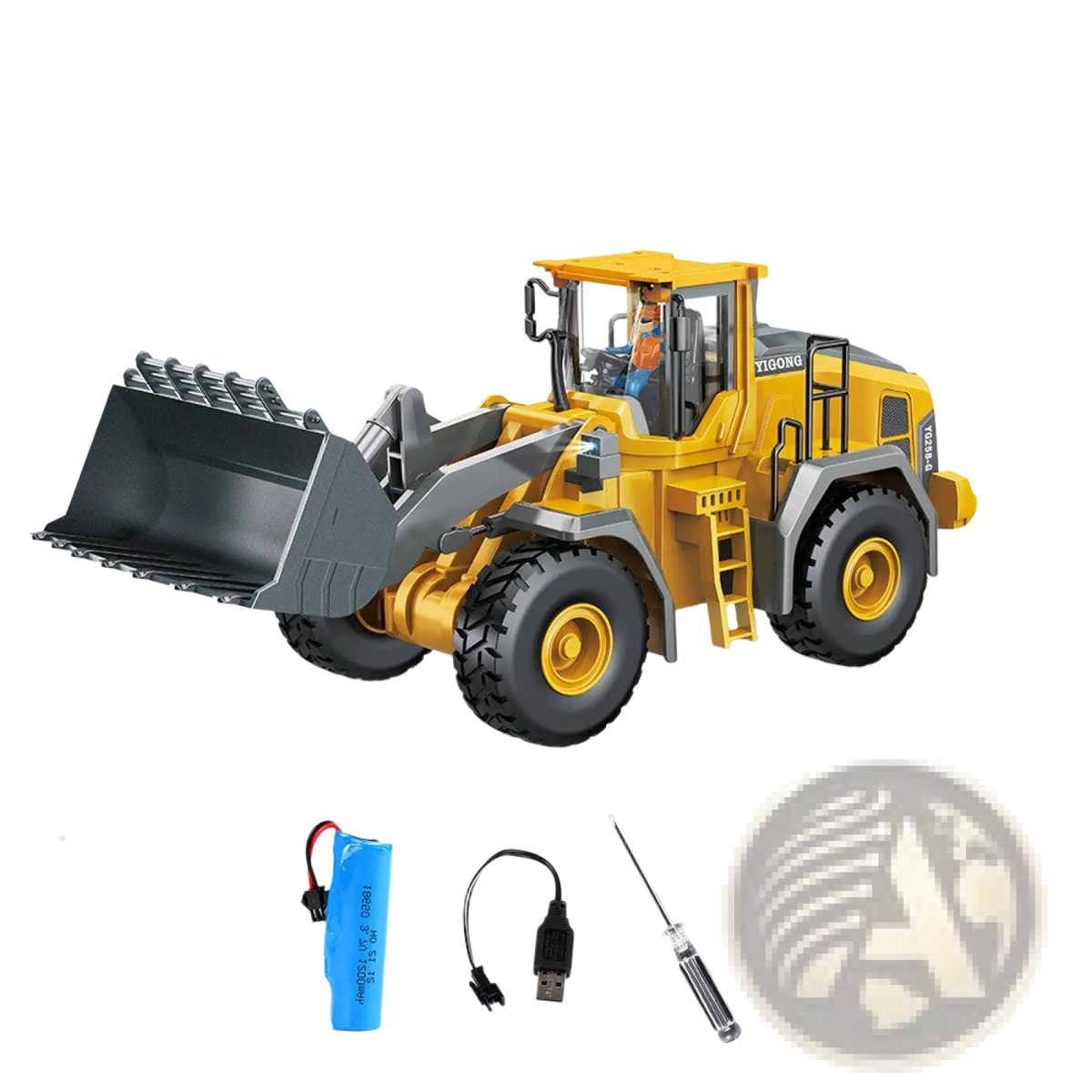 Rc excavator alloy remote control construction toy in yellow and gray with black tires and detailed cabin front loader
