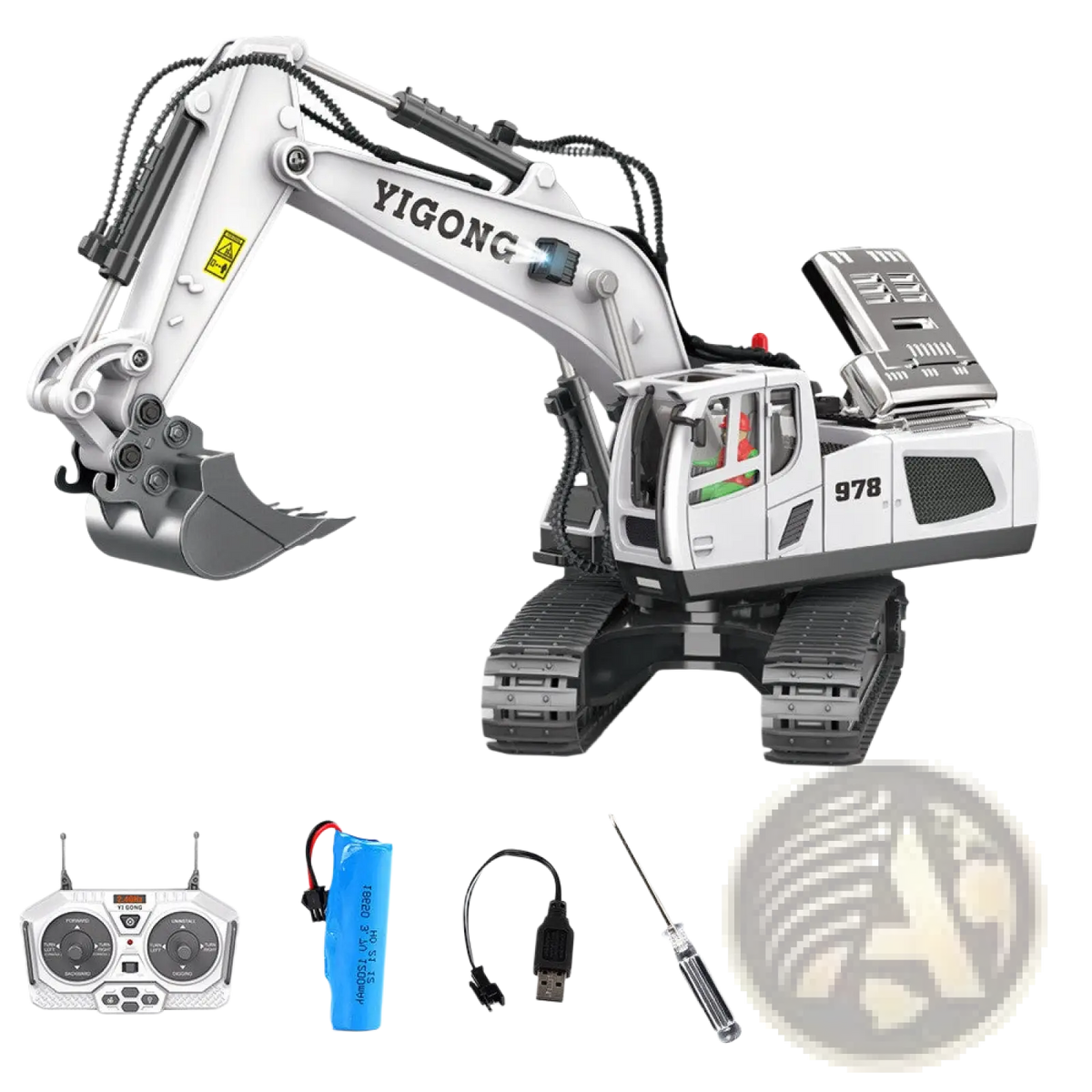 Rc excavator alloy remote control construction toy in white and gray with detailed articulated arms tracks and cockpit