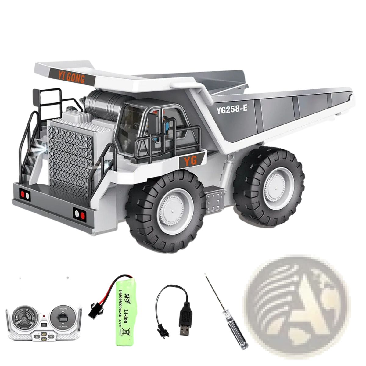 White and gray alloy remote control dump truck toy with detailed grille cabin windows and yi gong branding