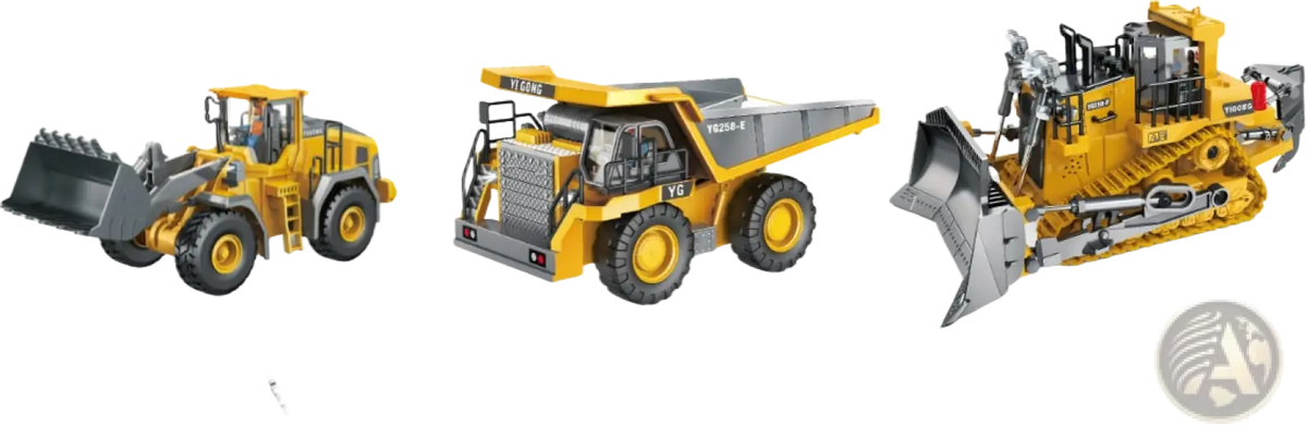 Yellow alloy rc excavator construction toy set featuring remote-controlled loader dump truck and bulldozer with metallic accents