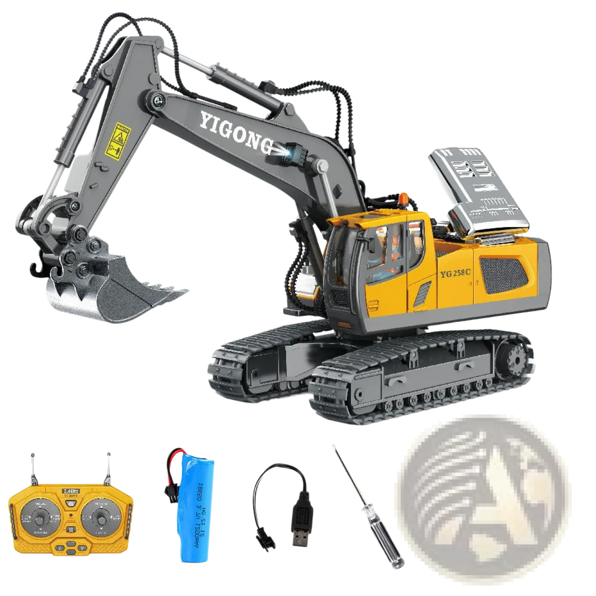 Rc excavator alloy remote control construction toy in yellow and gray with a detailed metal-like finish model