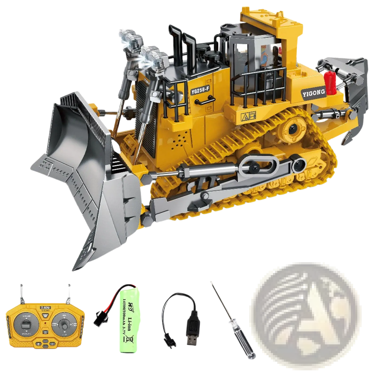 Yellow and gray alloy remote control track-type tractor toy with detailed construction branded yigong for construction play