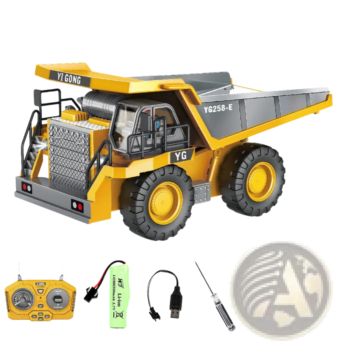 Yellow and gray alloy remote control dump truck with black tires labeled yi gong for construction play use