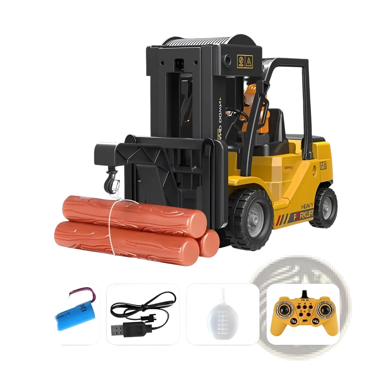 Yellow and black alloy remote control forklift toy carrying orange logs for construction play use