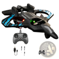 Rc foam fighter jet drone in blue and black with led lights and glowing red and green rotor lights visible from the back side