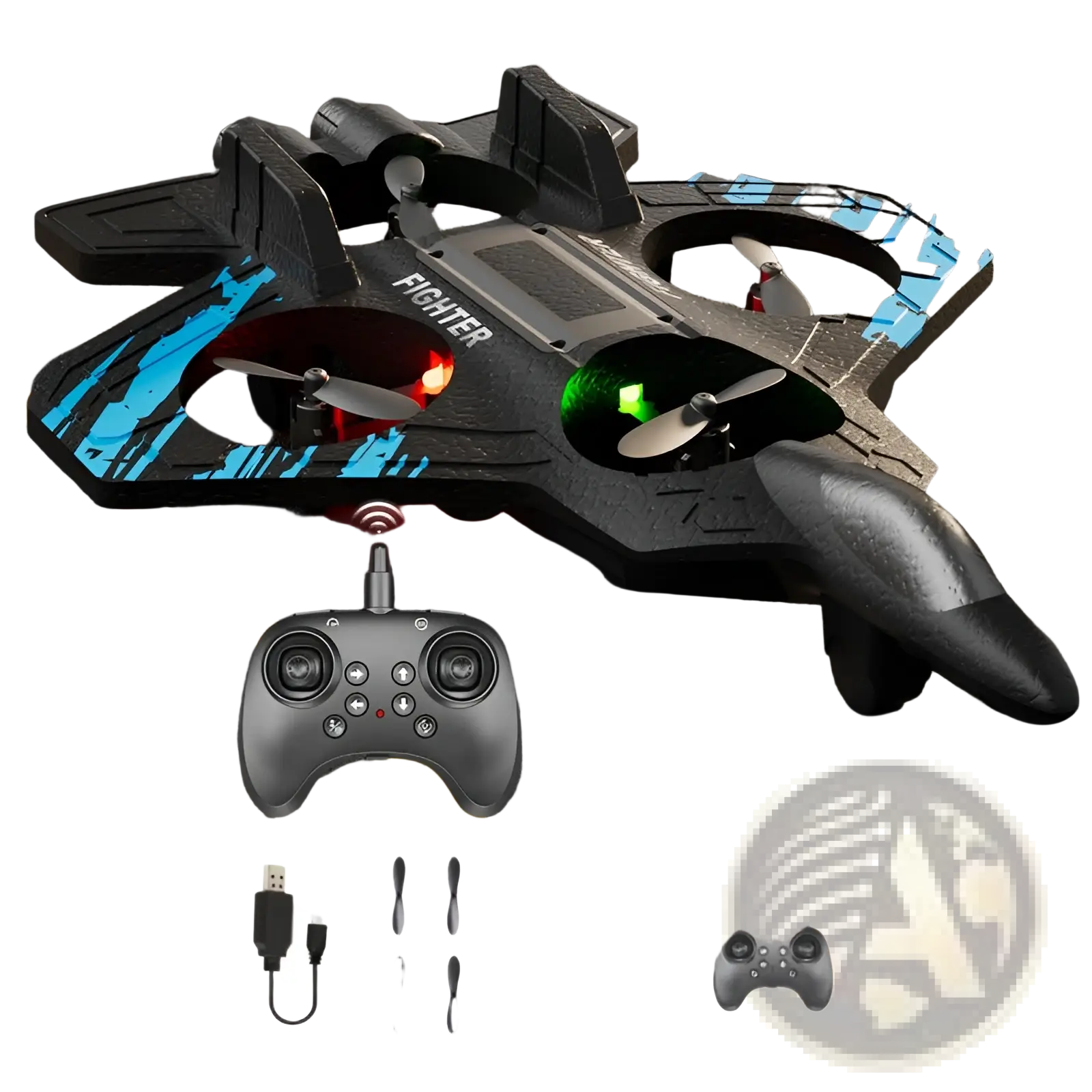 Rc foam fighter jet drone in blue and black with led lights and glowing red and green rotor lights visible from the back side