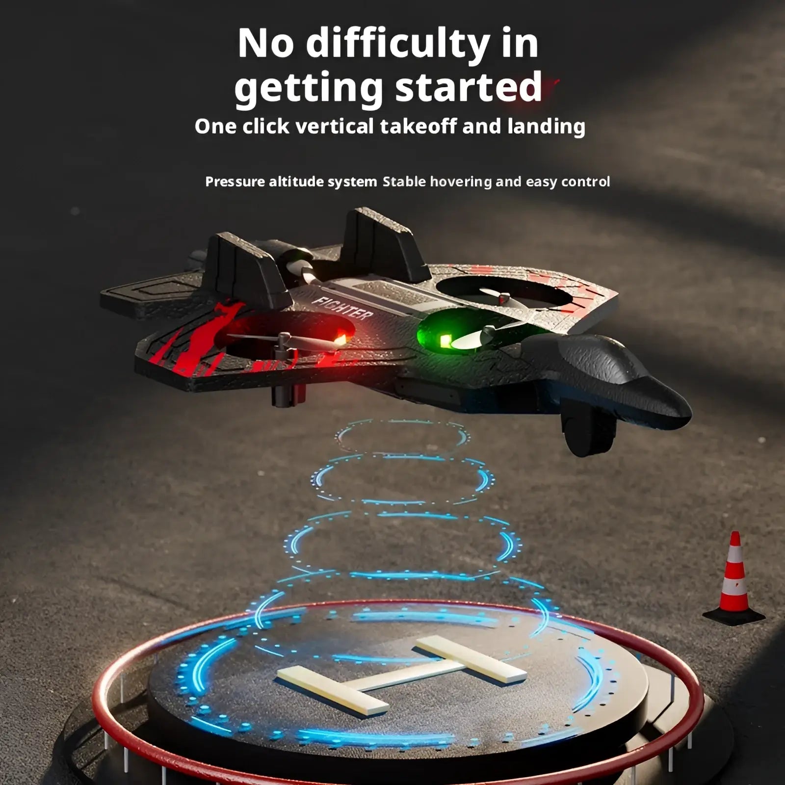 Rc foam fighter jet drone in black and red with glowing green and orange led lights designed like a fighter jet
