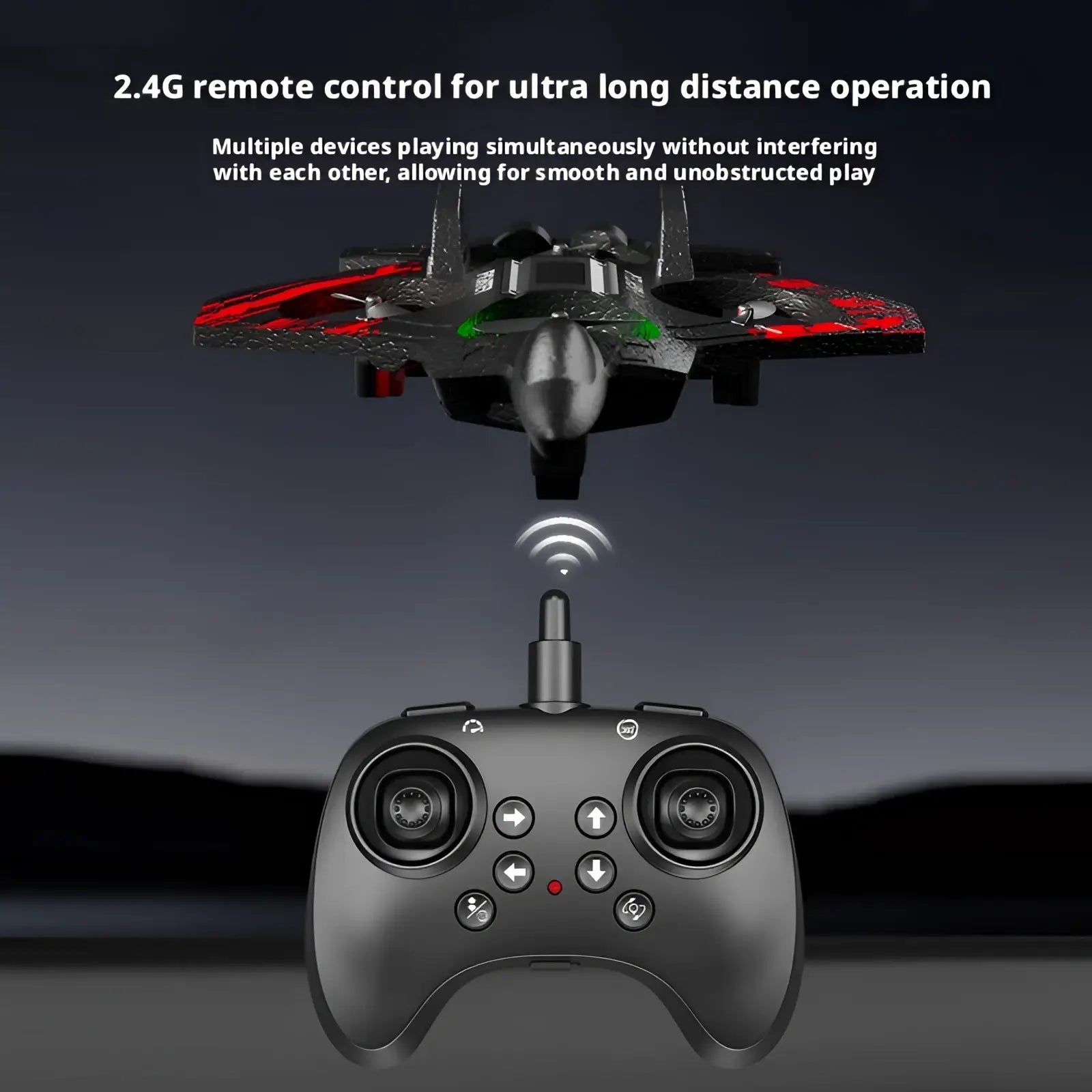 Black and red rc foam fighter jet drone with led lights and aerodynamic design for remote-controlled flight