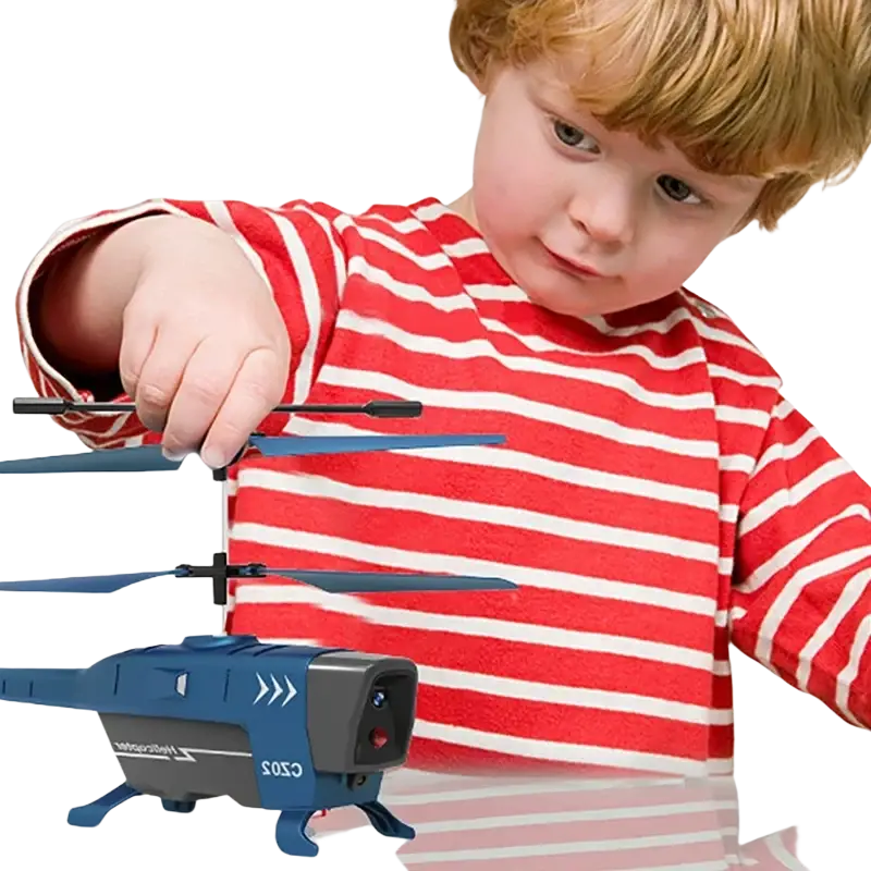 Blue and black remote control helicopter with obstacle avoidance feature and quick charging time for enhanced flight