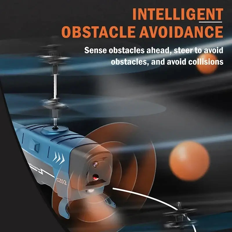 Blue and gray remote control helicopter with orange propellers featuring intelligent obstacle avoidance and efficient charging time and flight time