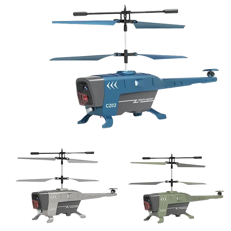 Blue and gray remote control helicopter model cz02 with black rotor blades featuring obstacle avoidance and optimized flight time