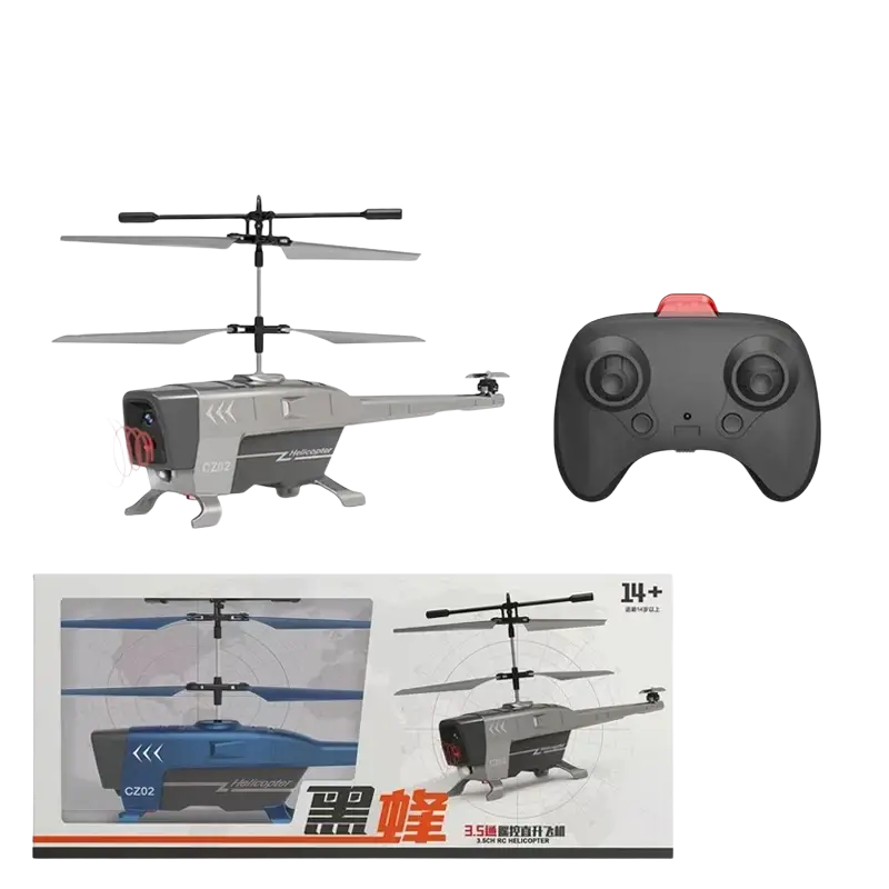 Gray 3.5ch remote control helicopter with obstacle avoidance, sleek metallic body, black rotor blades, optimized for flight time and charging time