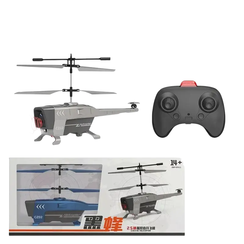 Gray and black 2.5ch rc helicopter with obstacle avoidance and remote control highlighting flight time and charging time features