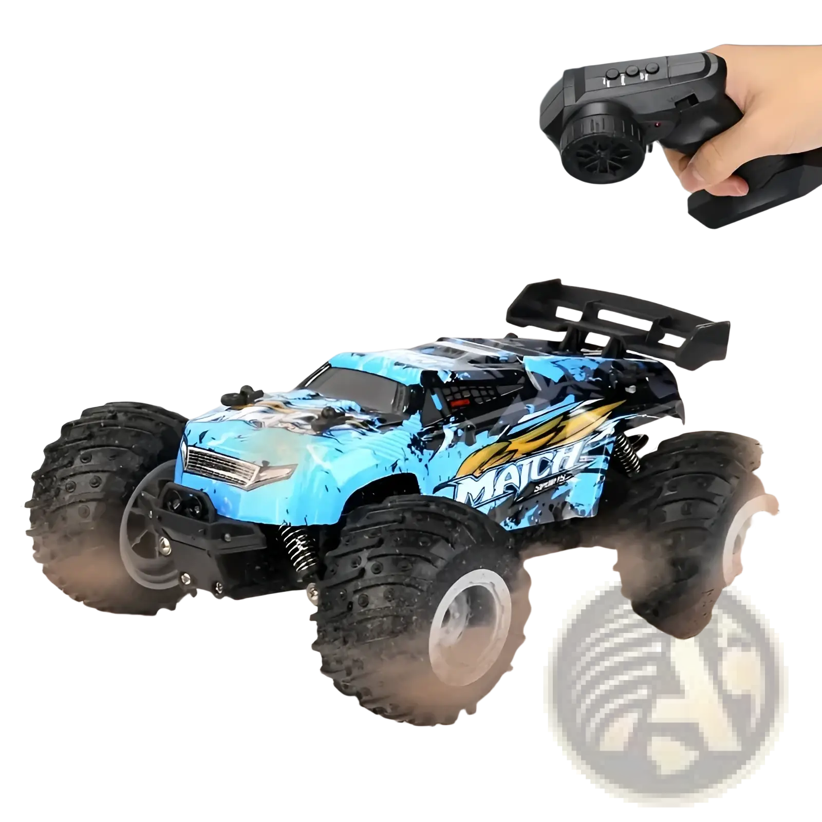 Rc monster truck high speed off road toy car in blue and black with rugged tires and bold magic graphic design