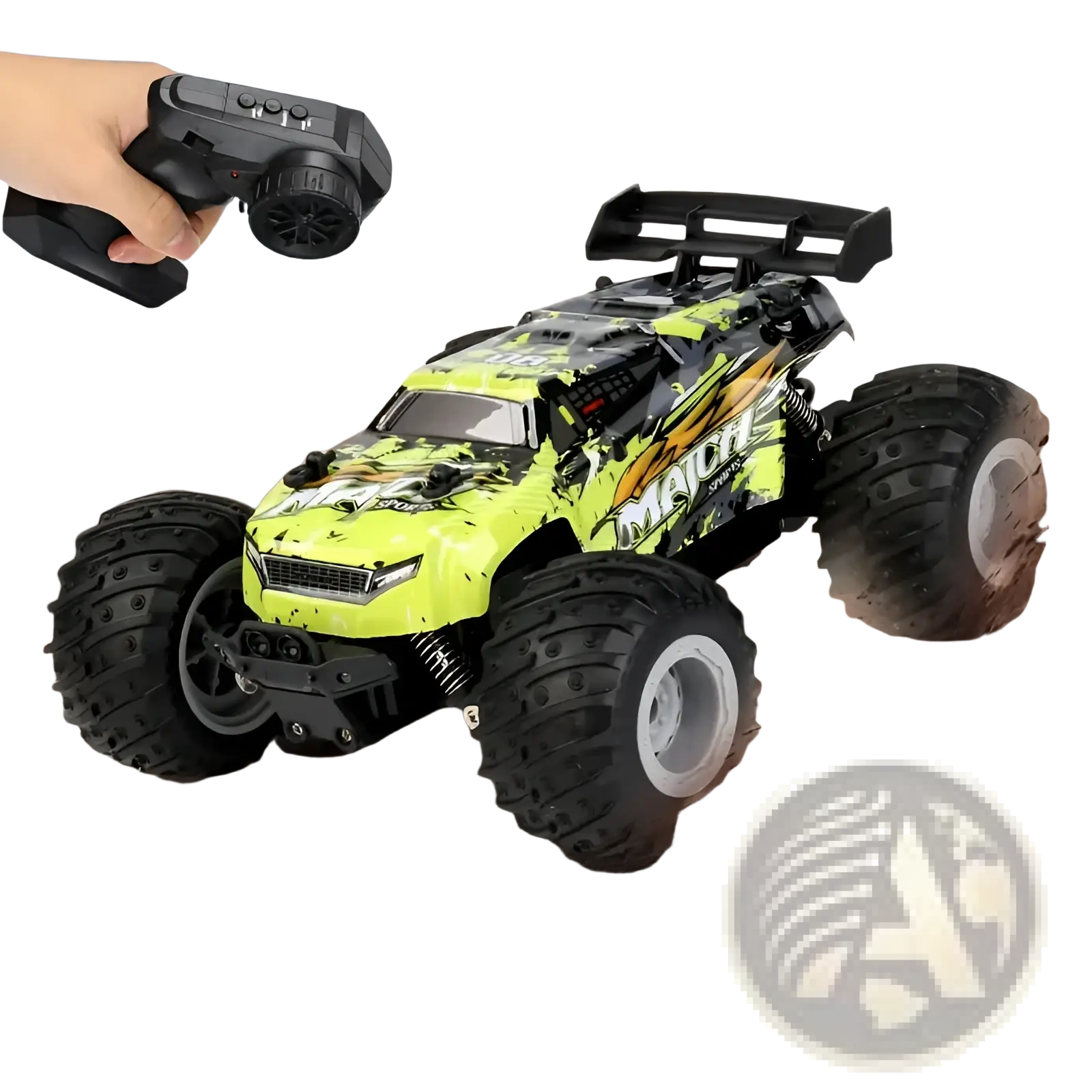 Rc monster truck high speed off road toy car in vibrant lime green and black with rugged tires and bold flame decals