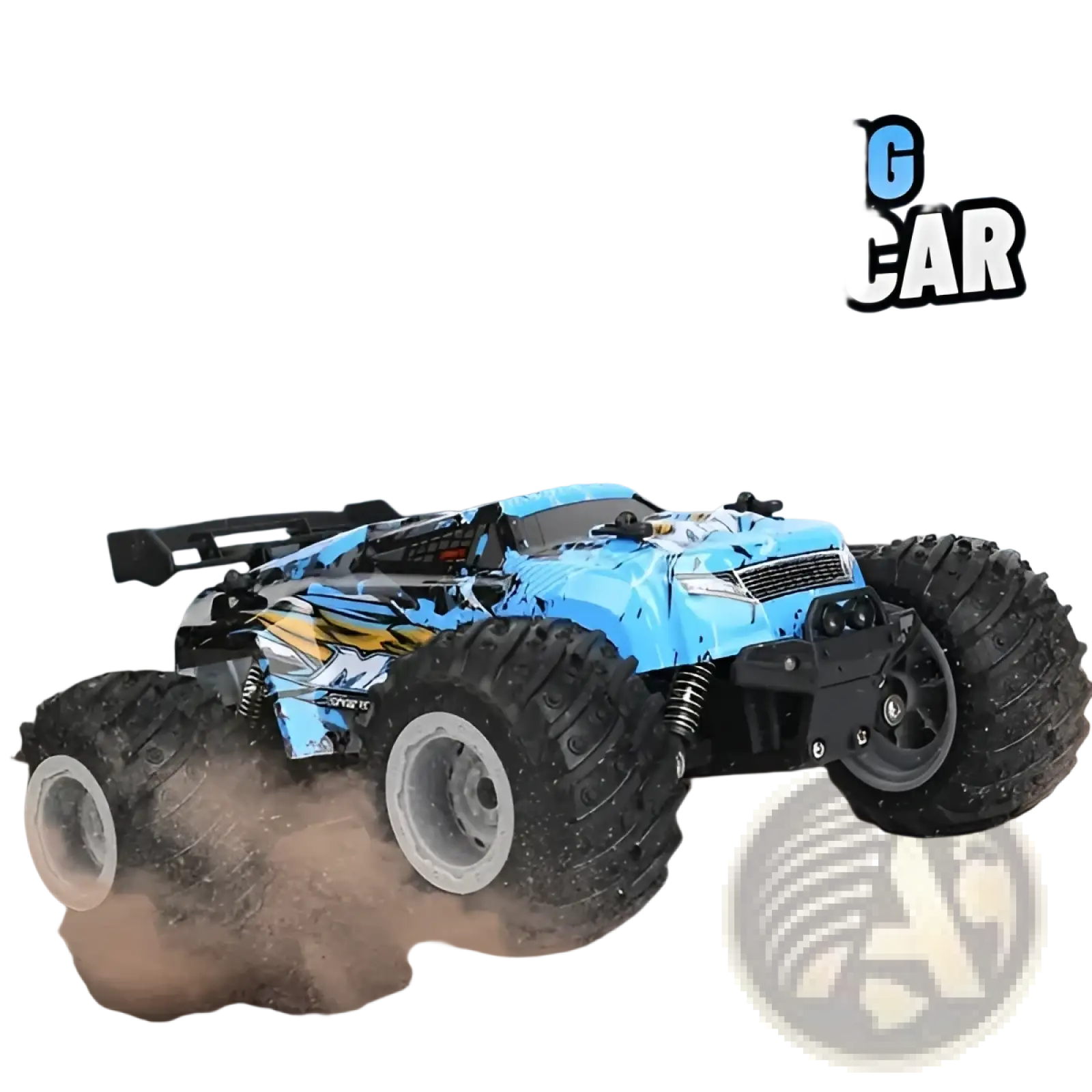 Blue and black rc monster truck with rugged tires and dynamic flame design for high speed off-road racing