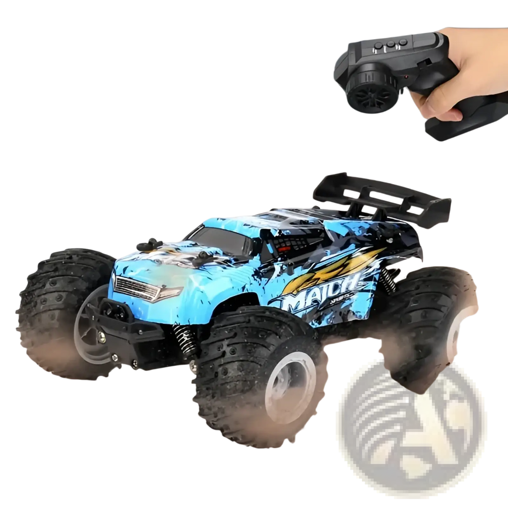 Rc monster truck high speed off road toy car in blue and black with rugged tires and bold match graphic design