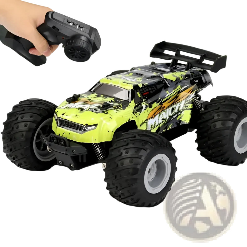 Vibrant lime green and black rc monster truck high speed off road toy car with bold flame decals and rugged tires
