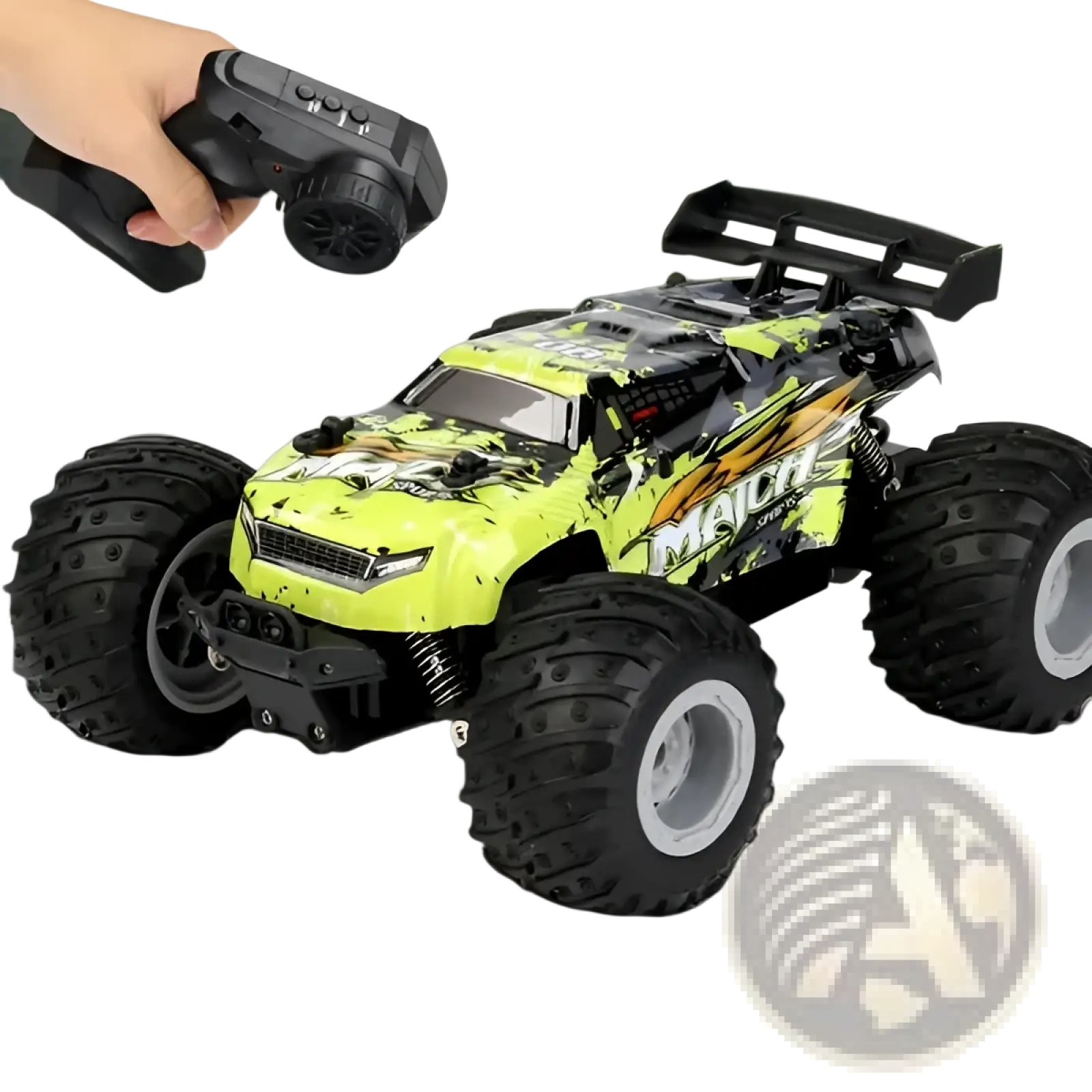 Vibrant lime green and black rc monster truck high speed off road toy car with bold flame decals and rugged tires