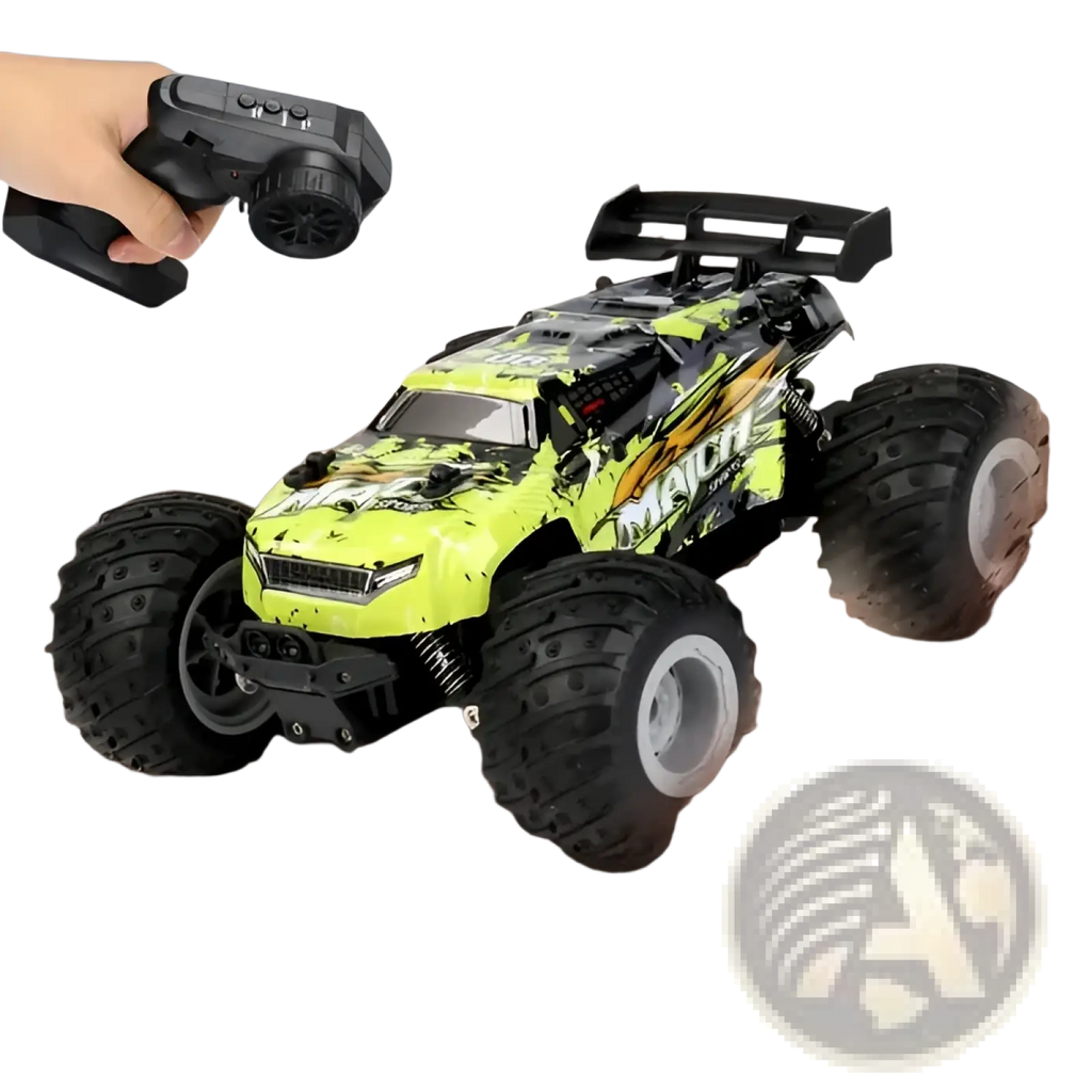 Vibrant lime green and black rc monster truck with rugged off-road tires and bold Mack logo for high speed off-road use