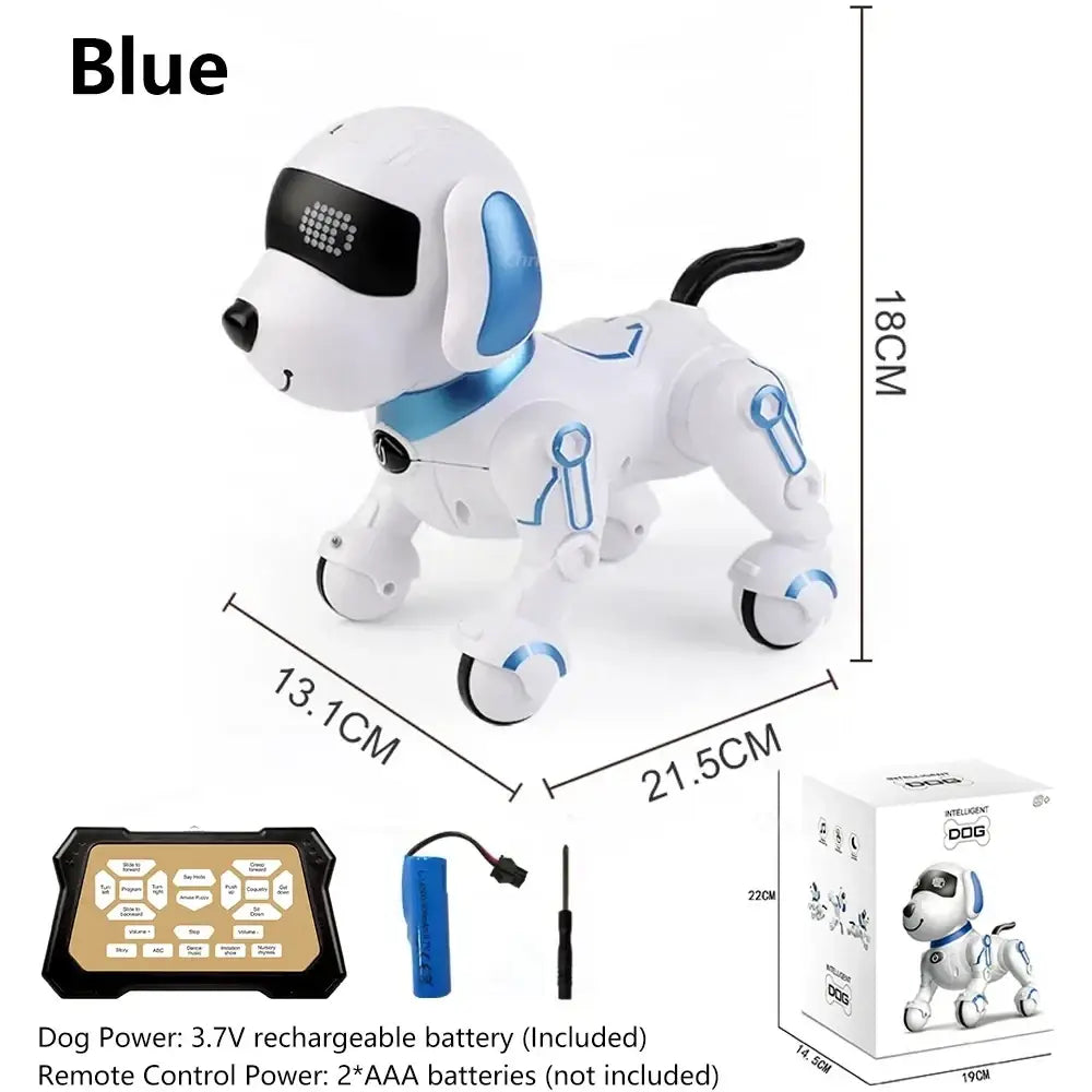 White and blue rc robot dog interactive smart electronic stunt pet with black eyes and sleek plastic design
