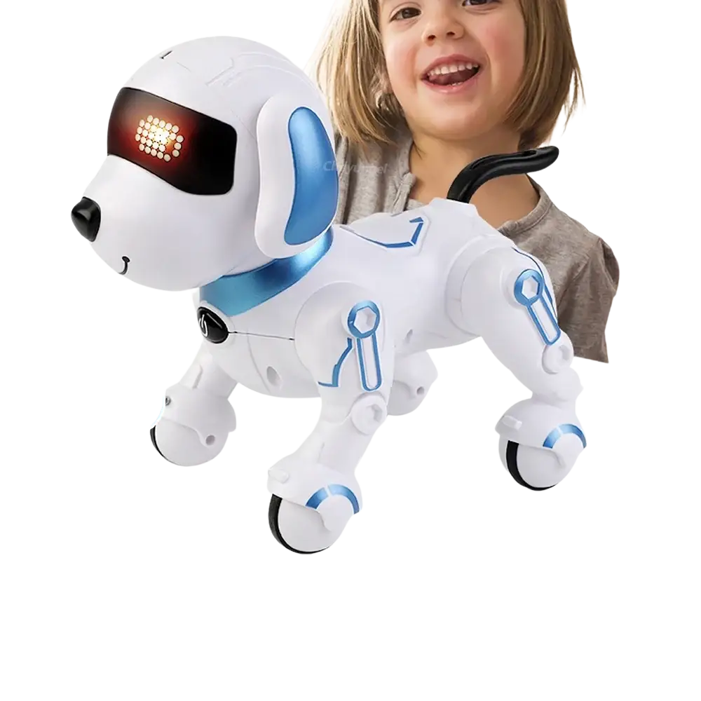 White and blue rc robot dog interactive smart electronic stunt pet with led-lit eyes and sleek plastic design