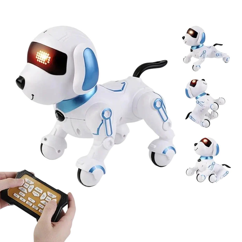 Rc robot dog interactive smart electronic stunt pet with white and blue plastic body and glowing red eye light