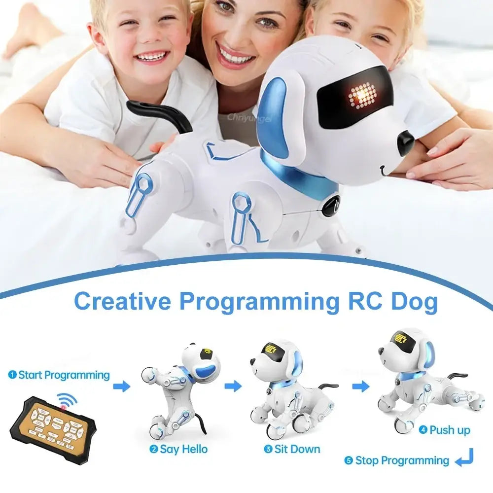 White and blue rc robot dog with led eyes designed for interactive smart electronic stunt pet programming and control