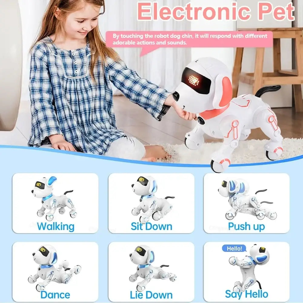 Rc robot dog interactive smart electronic stunt pet in white and red with led eyes designed as a robotic toy