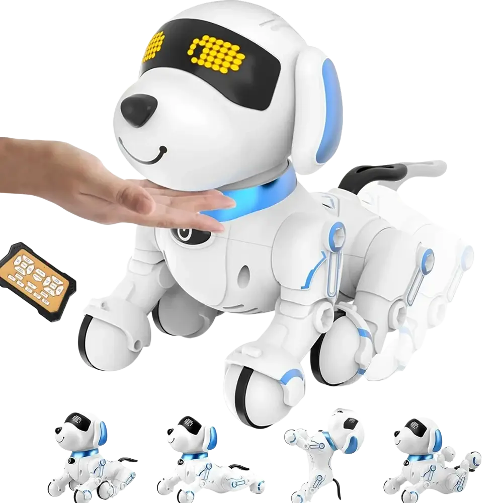 White rc robot dog with blue accents and glowing yellow led eyes featuring a sleek plastic body for interactive play