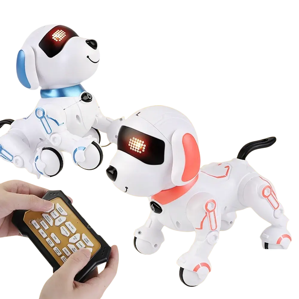 White rc robot dog toy with blue and red accents featuring glowing led eyes and remote control for interactive play