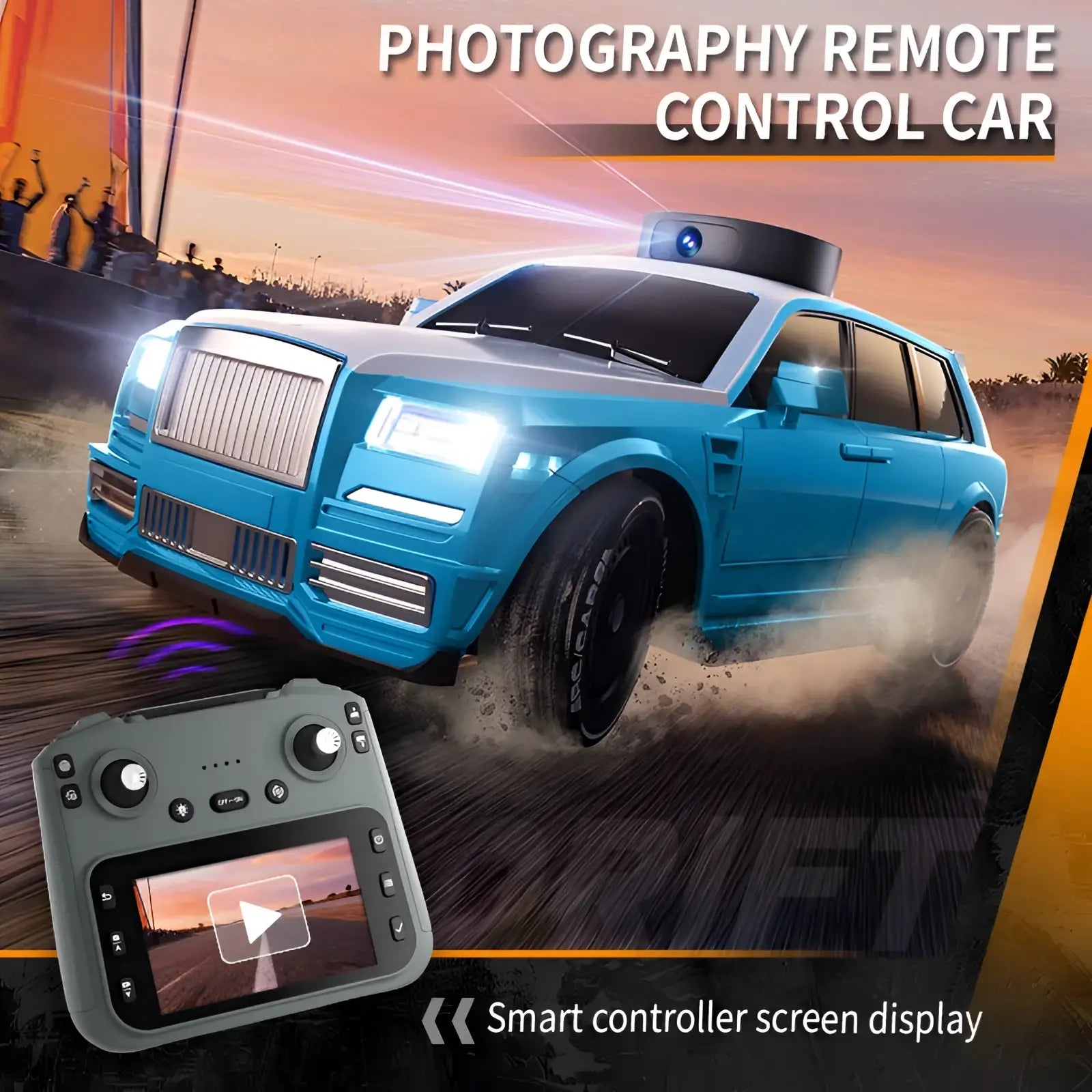 Blue remote-controlled suv with camera mounted on top and 4.3 inch screen control for live video viewing