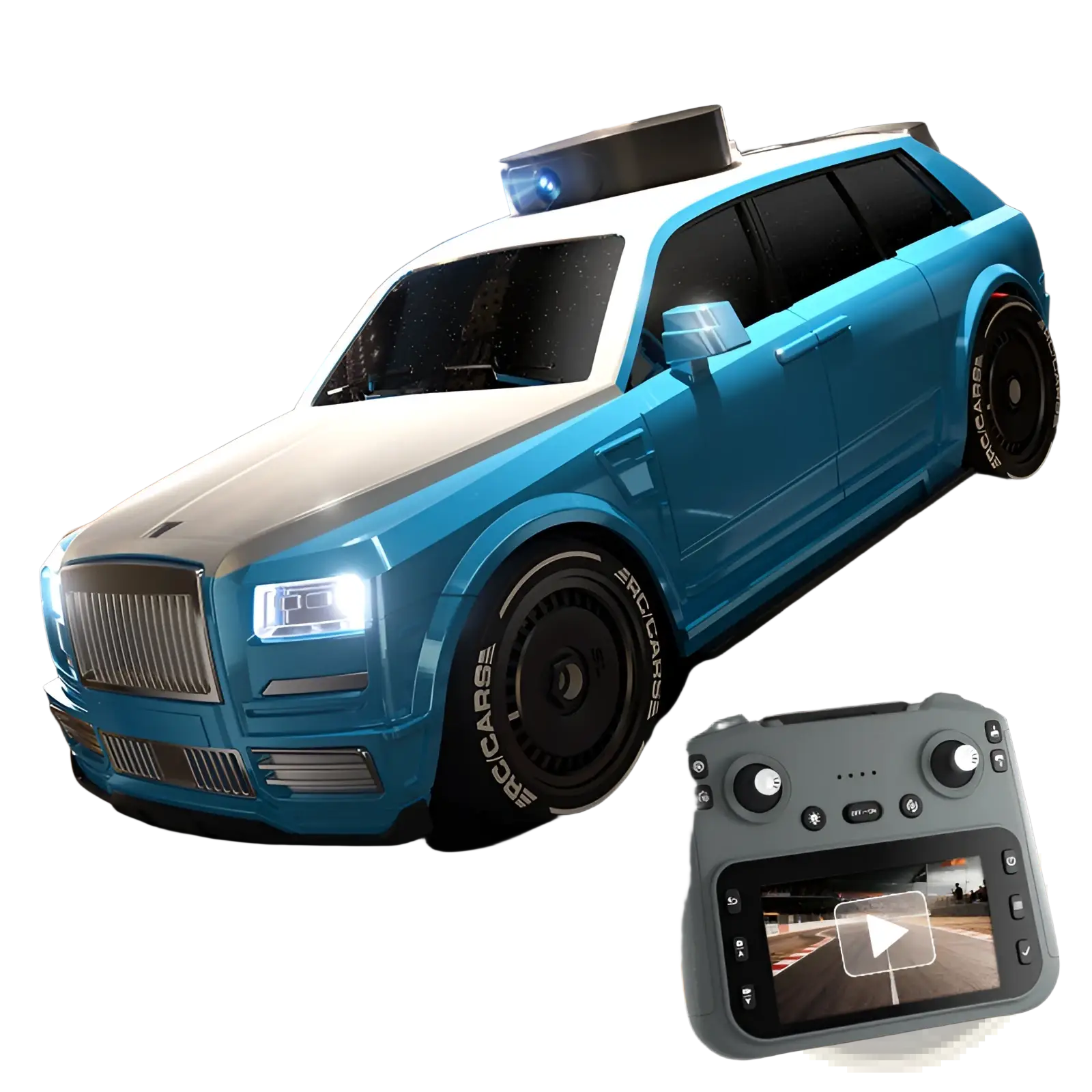 Blue and white rc suv with camera and 4.3 inch screen control featuring sleek luxury vehicle design and black tires
