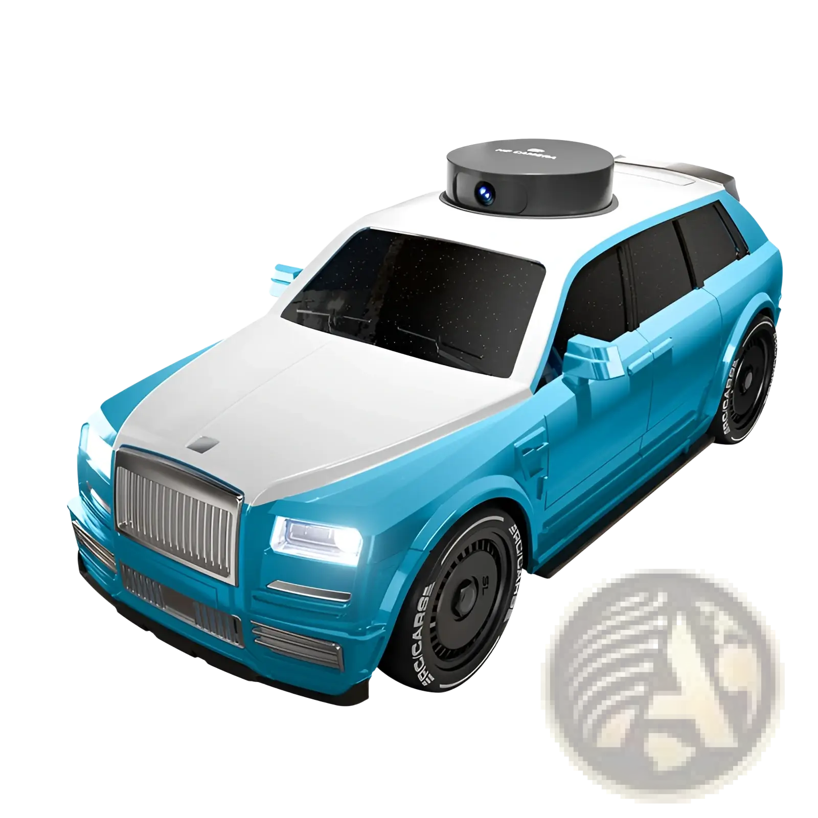 Rc suv with camera and 4.3 inch screen control featuring a sleek turquoise and white body with chrome accents and realistic tires