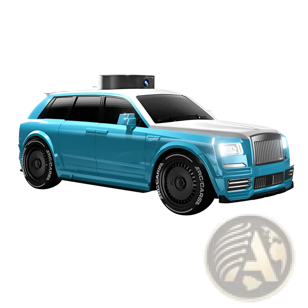 A sleek turquoise and silver rc suv toy car with camera and 4.3 inch screen control featuring black rims