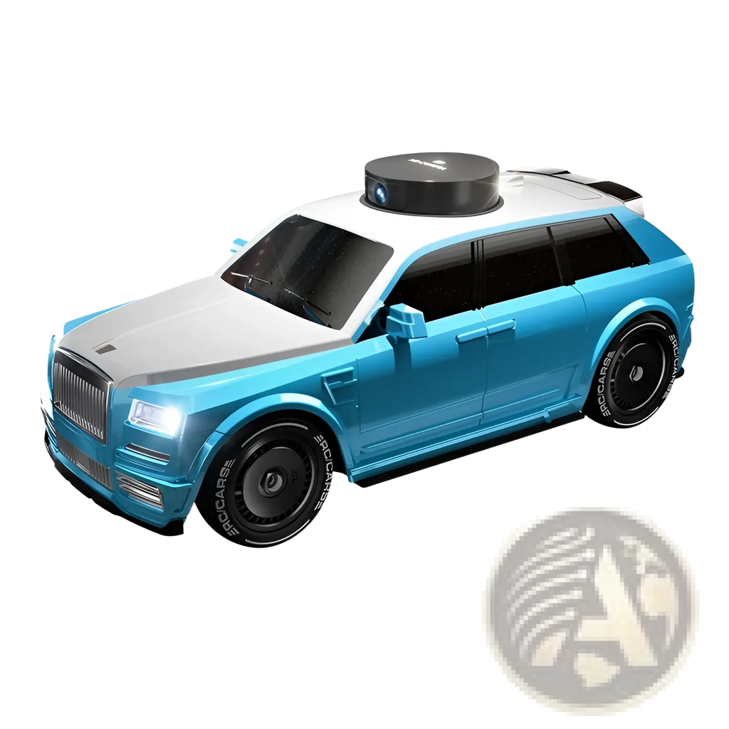 Rc suv with camera and 4.3 inch screen control in sleek two-tone blue and white with black rims and rooftop projector